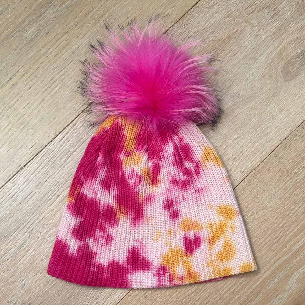 LINDA RICHARDS Pink and Yellow Tie-Dye Beanie with Pom Pom